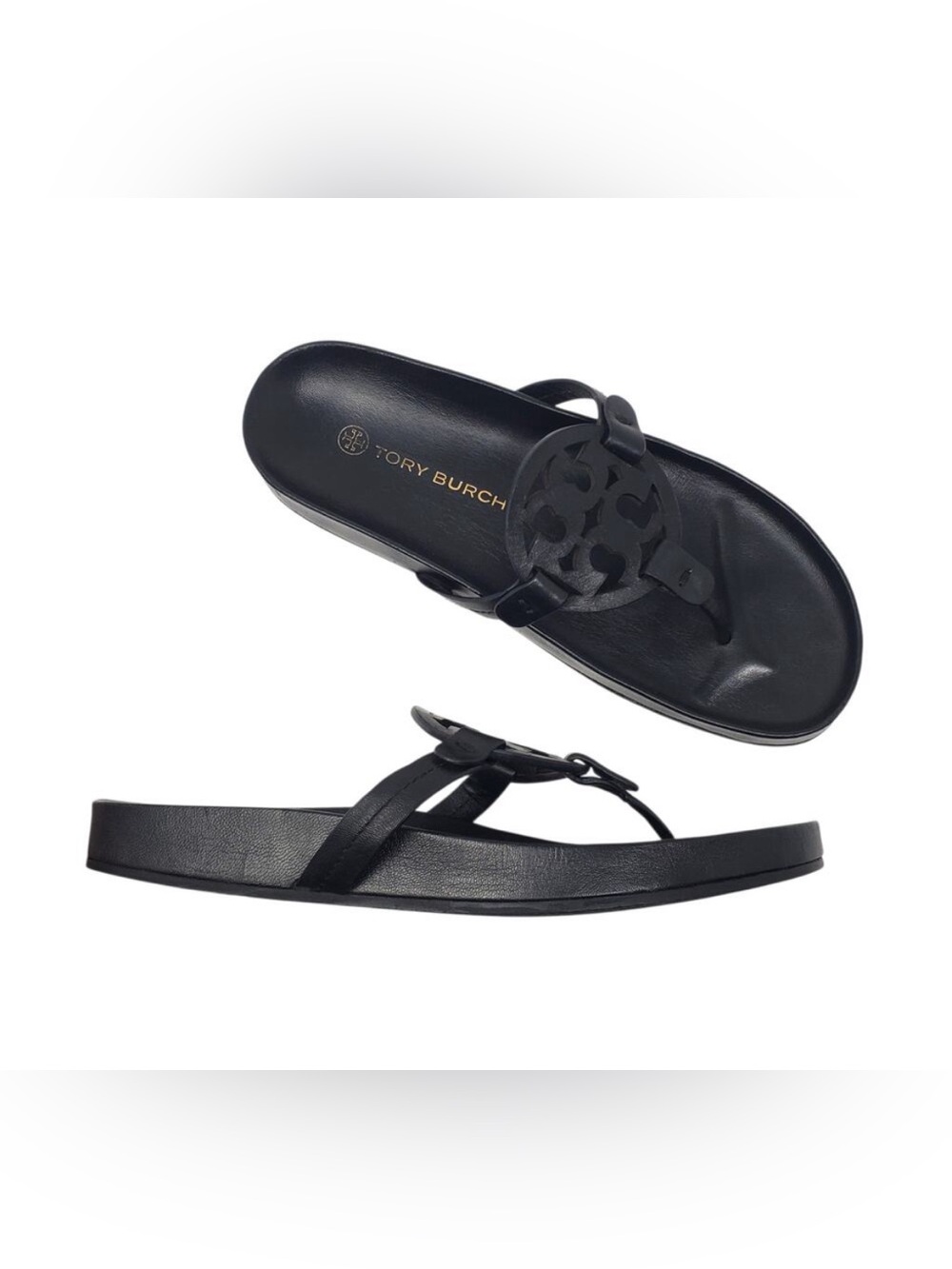 Tory Burch Miller Cloud Thong Sandals Black Calf Leather Logo Size 7- EUC